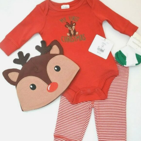 Starting Out 4PC Christmas Outfit, Red Romper, Reindeer Hat, Leggings, NB, NWT! - Picture 1 of 8